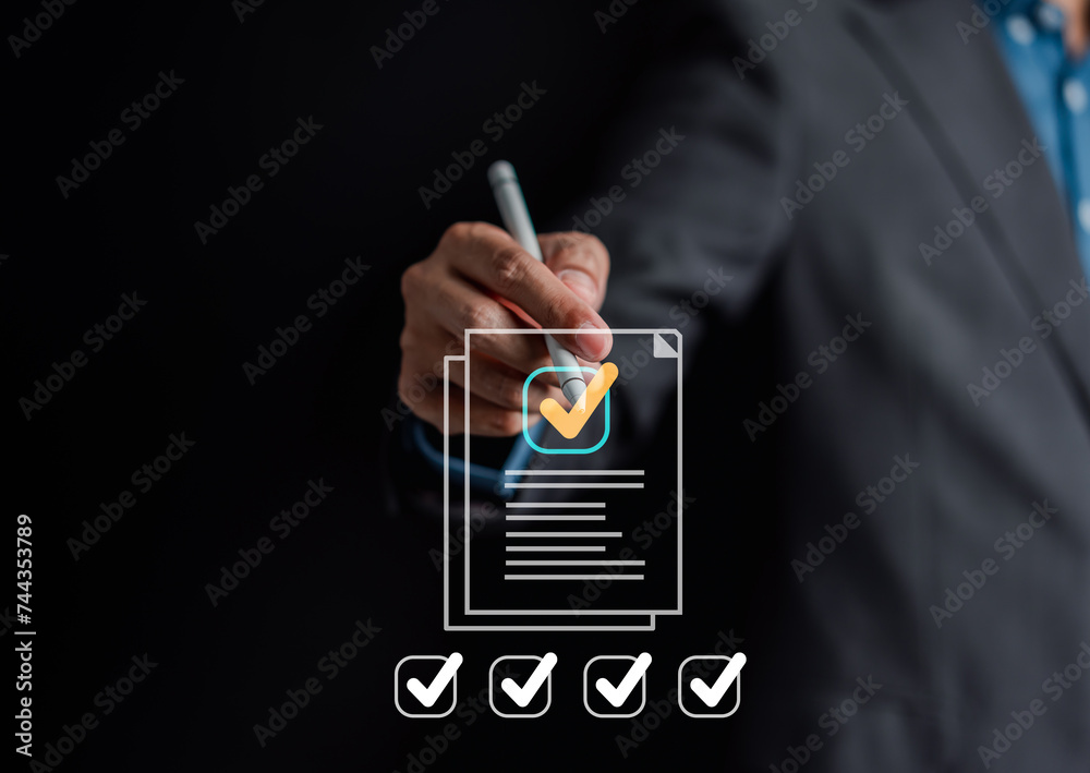 Fototapete Quality Certificate and Checklist document inspecting target marketing planning assignment with quality management. Standardization, certification. Compliance to regulations service and standards.