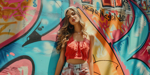 Obraz premium Fashionable Generation Z woman confidently stands with a wall covered in a graffiti mural behind her