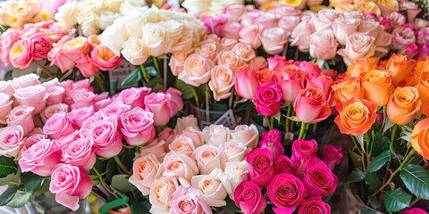 A display of assorted roses in various shades of pink - obrazy, fototapety, plakaty