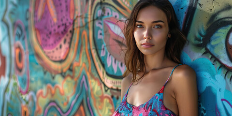 Fashionable Generation Z woman confidently stands with a wall covered in a graffiti mural behind her