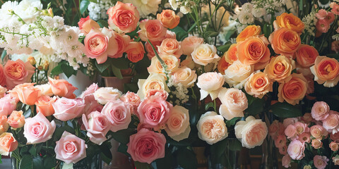 A display of assorted roses in various shades of pink - obrazy, fototapety, plakaty