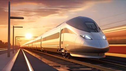 High speed train in motion on the railway station at sunset. Fast moving modern passenger train on railway platform. Railroad with motion blur effect.generative ai - obrazy, fototapety, plakaty