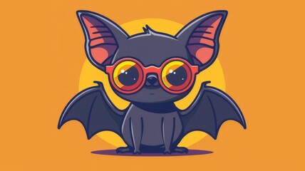 Fototapeta premium Illustration in flat style, A cute little bat wearing glasses posed against a green background