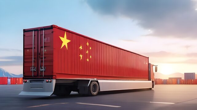 chines flag truck on the highway.generative ai