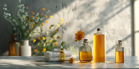 Skin care oil, natural cosmetics, spa treatments on a gray background. With Generative AI technology