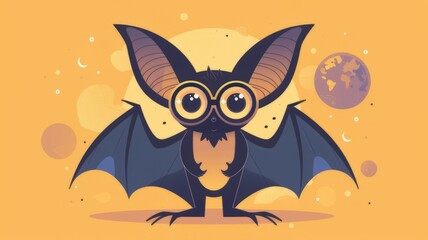 Illustration in flat style, A cute little bat wearing glasses posed against a green background