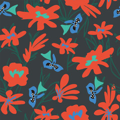 Abstract trendy creative natural floral tropical seamless pattern, Hand drawn. Summer, garden blooms, gardening, flowers. Vector illustration.