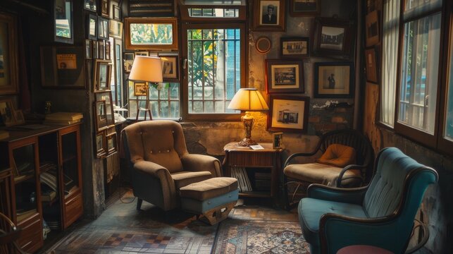 A scene of nostalgic memories a vintage room with old photos and soft warm lighting evoking past times