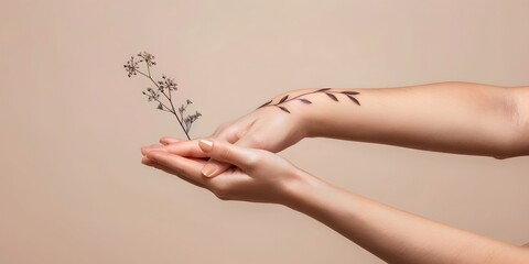 The trend of tattoos on a girl s hand reflects the spirit of freedom, rebellion and uniqueness. Banner of a delicate tattoo on a beige background