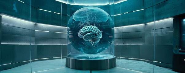 Brain in fluid filled reservoir connected to the internet in a transparent container inside a high tech secluded bunker - obrazy, fototapety, plakaty