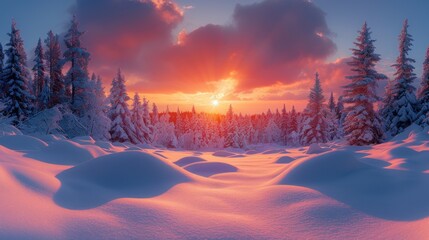 Winter landscape wallpaper with pine forest covered with snow and scenic sky at sunset. Snowy fir tree in beauty nature scenery.