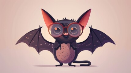 Illustration in flat style, A cute little bat wearing glasses posed against a green background