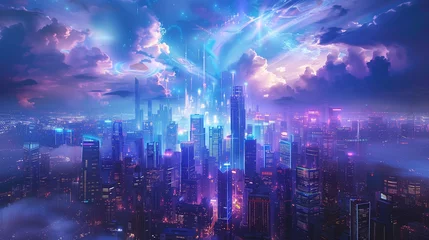 Foto op Plexiglas Aquarelschilderij wolkenkrabber  A futuristic cityscape of neon lights and skyscrapers