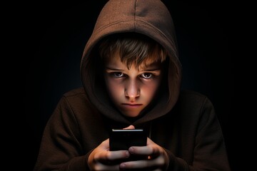 A boy in a hoodie is coolly looking at a mobile phone in the darkness