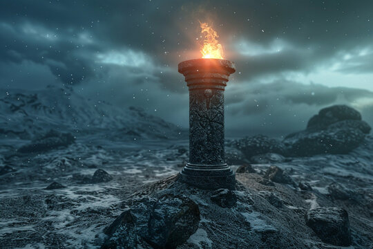 3d render of a beacon that emits both a warm flame and a cold light guiding travelers