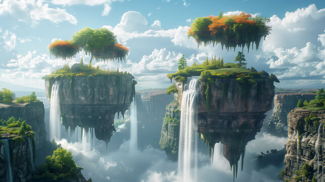 A surreal landscape of floating islands and waterfalls