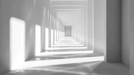3d render of a corridor with a minimal angular design casting dramatic shadows