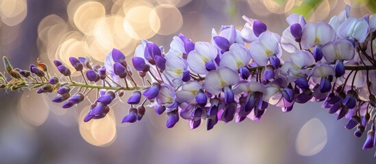 Beautiful purple flowers on a branch with dreamy blurred lights in the background