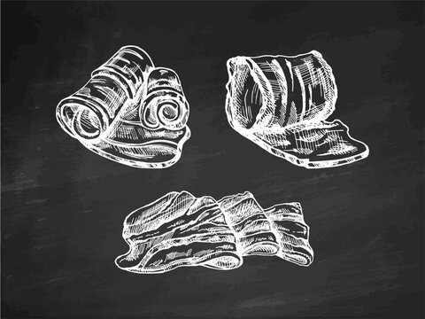 Hand-drawn vector sketch set of bacon, hamon or pork meat, ham slices on chalkboard background. Italian prosciutto vintage sketch. Butcher shop. Engraved image.