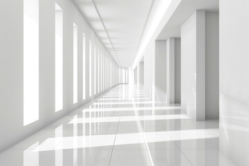 3d render of a corridor with a sleek monochrome design and a single vibrant accent color