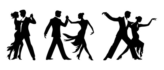 Silhouettes of Couples in Passionate Ballroom Dance Poses Dancing Couple black filled vector Illustration