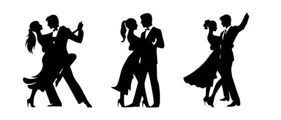 Silhouettes of Couples in Passionate Ballroom Dance Poses Dancing Couple black filled vector Illustration