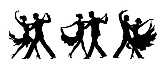 Silhouettes of Couples in Passionate Ballroom Dance Poses Dancing Couple black filled vector Illustration - obrazy, fototapety, plakaty