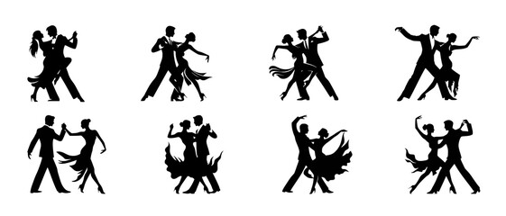 Silhouettes of Couples in Passionate Ballroom Dance Poses Dancing Couple black filled vector Illustration