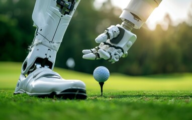 Golf scene with a robot arm as a caddy precisely placing a ball on a tee against a green fairway