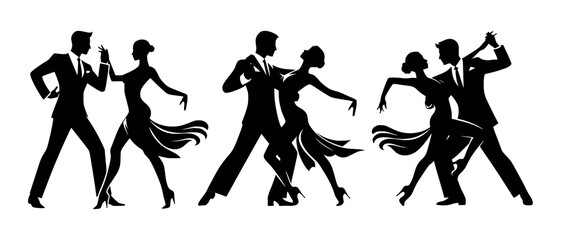 Silhouettes of Couples in Passionate Ballroom Dance Poses Dancing Couple black filled vector Illustration
