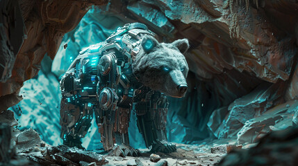 3d render of a cyber enhanced bear with armored plating emerging from a high tech cave - obrazy, fototapety, plakaty