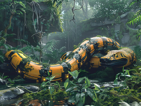 3d render of a cyber enhanced anaconda with constriction powered generators in a rainforest