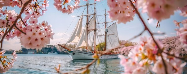 Luxury yachting adventure among cherry blossoms with steampunk navigation systems and renewable energy sails