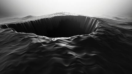 3d render of a deep dark fluid chasm opening in the ground swallowing light and matter