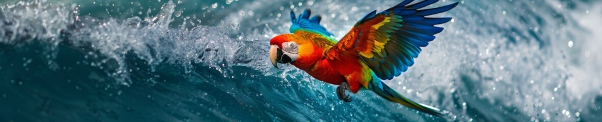 Obraz premium Parrot surfing brightly colored feathers against the surf a unique display of skill