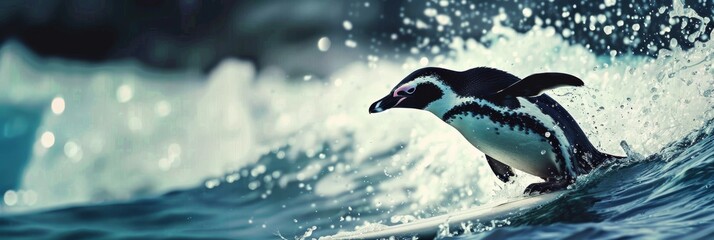 Penguin skillfully surfing natural aquatic instincts shining through on a surfboard - obrazy, fototapety, plakaty