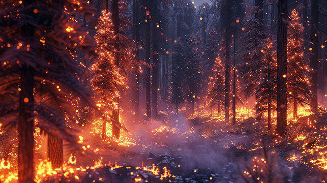 3d render of a forest at the edge of a wildfire where ice forms on trees as they burn