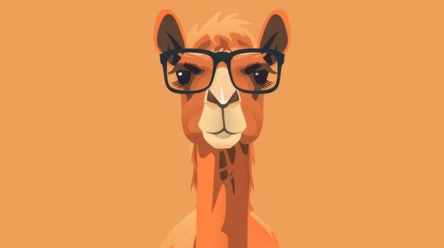 Illustration in flat style, A cute little camel wearing glasses posed against a studio background
