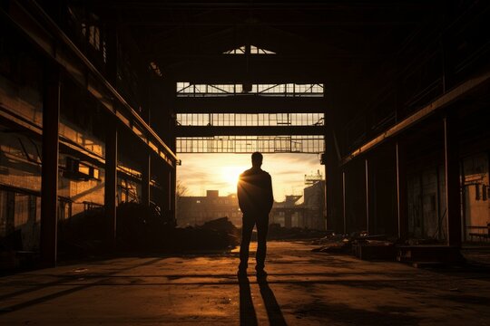 Silhouette fbi agent warehouse. Crime scene tape in abandoned warehouse. Generate Ai