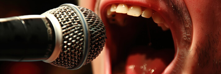 Woman singing into the microphone - closeup of mouth