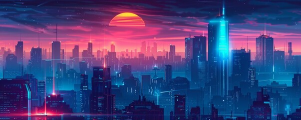 Retro futuristic city in cyberpunk style smart towers under a dark sky vibrant blue and pink hues