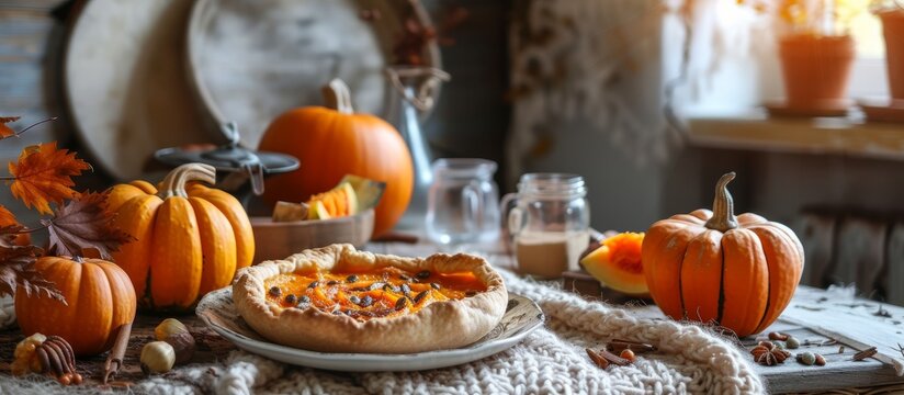 Rustic autumn table setting with delicious food plate and decorative pumpkins