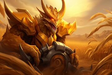 Art of a dragon in armor with shield in a field, CG artwork