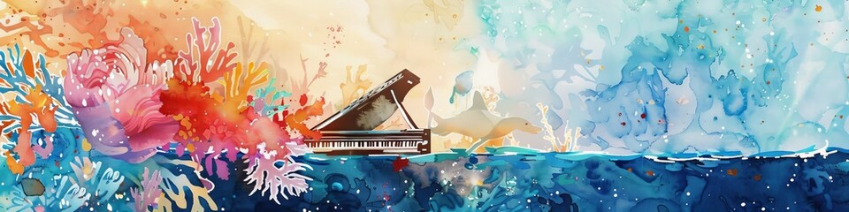 Time travel playing retro piano watercolor rainforest