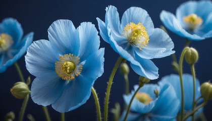 A shot of delicate Himalayan poppy flowers, their vivid blue petals highlighted against a soft, dreamy indigo background and the focus is on capturing the intricate details of the petals