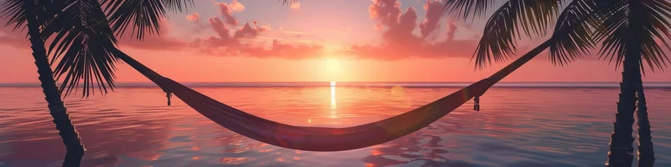 Foto auf Acrylglas Tranquil sunset over a calm ocean silhouettes of palm trees a hammock swaying gently soft orange and pink hues © Shutter2U