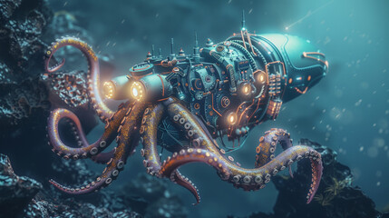 3d render of a mechanical squid with deep sea exploration lights in an oceanic trench
