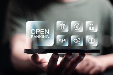 Open banking financial technology fintech concept. api financial technology, fintech. Person showing open banking icon on virtual screen.