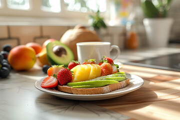 Healthy morning spread with fresh fruits, toast, and a cup of coffee in a sunlit kitchen.