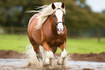 Sorrel Horse galloping in a wet Ecoregion landscape